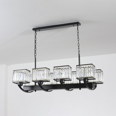 Vintage Style Black Pendant Lamp Rectangle Shade 6/8 Lights Metal Chandelier with Crystal for Villa