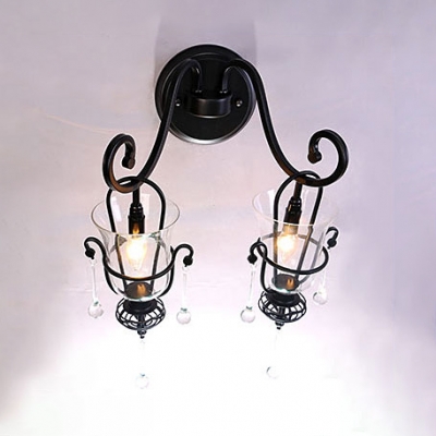 1/2 Lights Bell Shade Wall Sconce with Crystal American Rustic Clear Glass Sconce Light in Black for Living Room