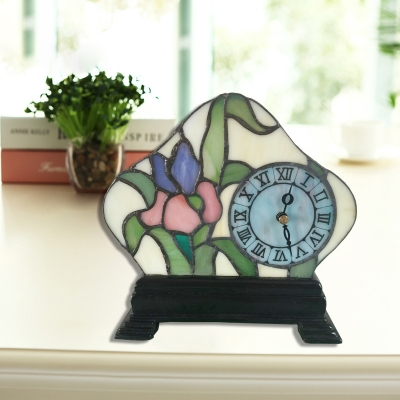 Stained Glass Flower/Victorian Night Light with Clock Bedside Table 1 Light Creative Table Lamp