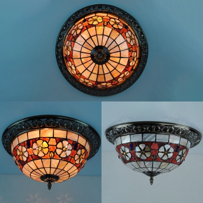 Camellia Dining Room Flush Mount Light Stained Glass Antique Tiffany Ceiling Fixture in Beige