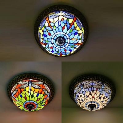 Stained Glass Dragonfly Ceiling Lamp Study Room 3/4 Lights Flush Ceiling Light in Blue/Green/White