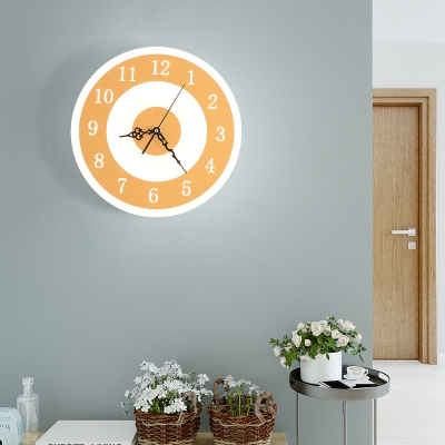 Macaron Style Round Clock Wall Lamp Metal Acrylic LED Sconce Lamp in Pink/Yellow for Girls Bedroom