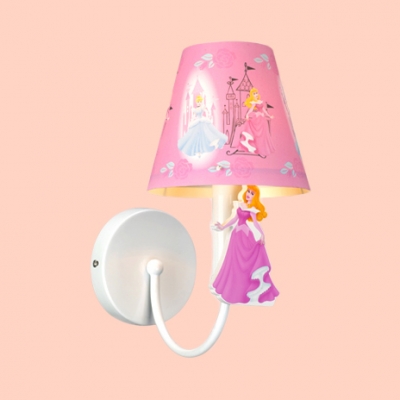 Fabric Bucket Sconce Light with Airplane/Princess 1 Bulb Kids Wall Lamp in Blue/Pink for Child Bedroom
