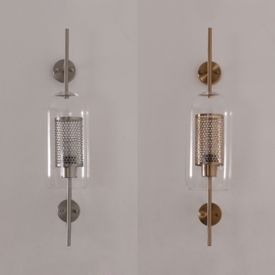 Clear Glass Domed Wall light Post Modern 1 Light Brass/Silver Sconce Lighting with Inner Mesh Cage