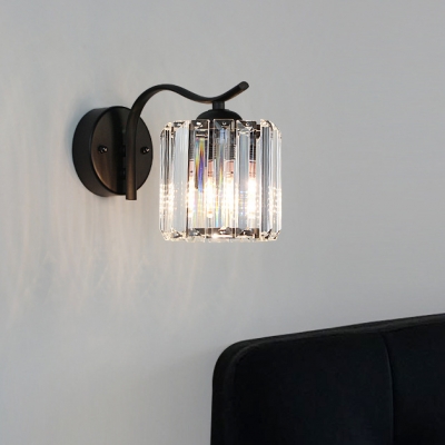 Cylinder Living Room Wall Sconce with Crystal Shade Metal 1 Bulb American Rustic Sconce in Black Finish