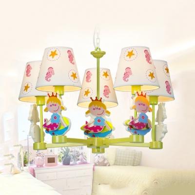 Fabric Tapered Shade Chandelier with Girl/Ship 5 Heads Cute Pendant Lamp in Blue/Green for Kid Bedroom
