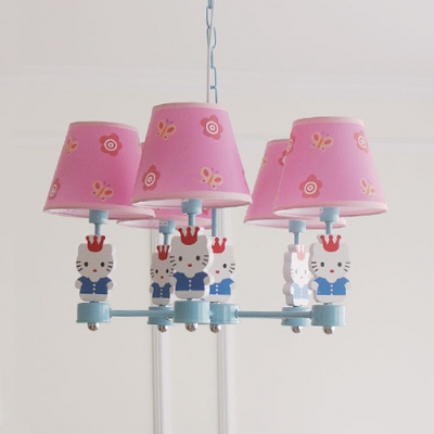 Girls Bedroom Kitty Pendant Light Fabric 5 Lights Modern Lovely Chandelier in Pink