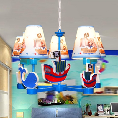 Kindergarten Ship Hanging Light Wood 5 Lights Nautical Style Blue Chandelier with Pirate