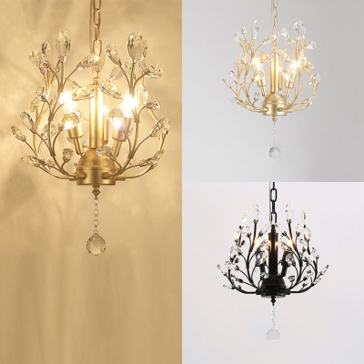Luxurious Black/Champagne/Gold Chandelier Candle 3 Lights Metal Hanging Light with Twig & Crystal Leaf for Shop