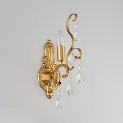Metal Candle Wall Sconce with Clear Crystal 1/2 Lights Traditional Sconce Lamp in Gold for Cafe