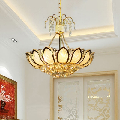 Metal Lotus LED Chandelier with Clear Crystal 3 Lights Luxurious Style Pendant Lamp in Gold for Hotel