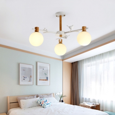 Opal Glass Orb Chandelier with Bird 3/6 Lights Nordic Style Pendant Light in White for Balcony