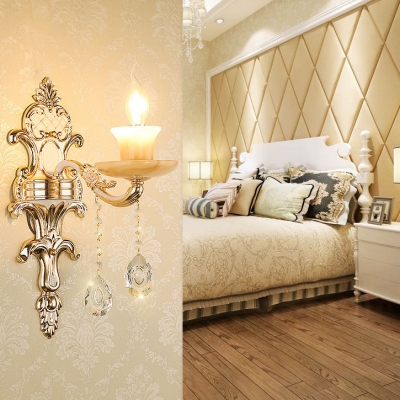 Stair Hotel Flower Wall Light with Crystal Bead 1 Light Elegant Gold Sconce Light