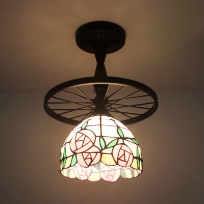 Tiffany Rustic Blossom Ceiling Lamp with Wheel Stained Glass 1 Head Black Semi Flushmount Light for Kitchen