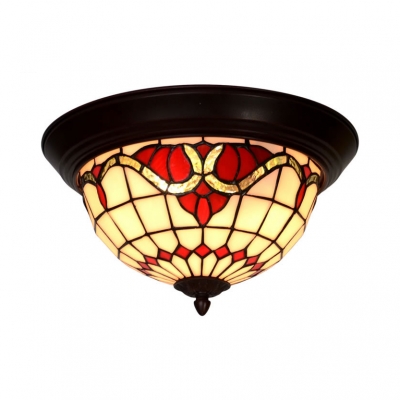 Traditional Tiffany Half-Globe Flush Mount Light with Baroque Patter/Bead Art Glass Ceiling Lamp in Beige for Bedroom