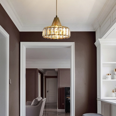 Elegant Modern Drum Pendant Light Metal 1 Light Gold Mini Chandelier with Crystal Decoration for Bedroom