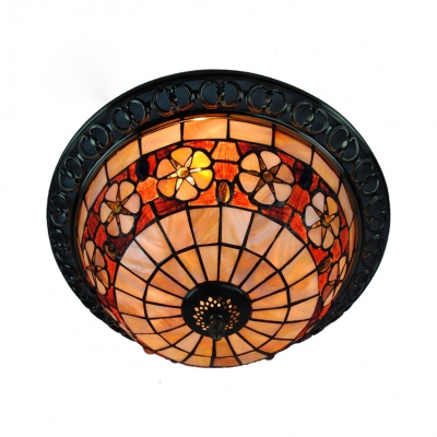 Camellia Dining Room Flush Mount Light Stained Glass Antique Tiffany Ceiling Fixture in Beige