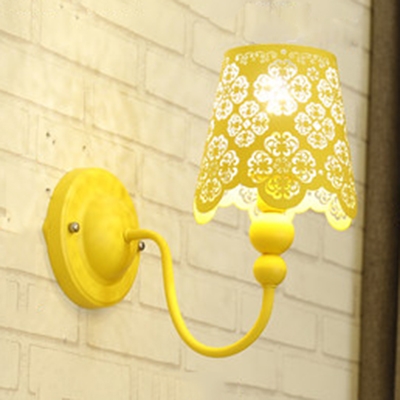 1 Head Tapered Wall Light Kids Metal Floral Hollow Sconce Light in Blue/Pink/White/Yellow for Girl Bedroom