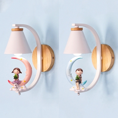 Cone Child Bedroom Wall Light with Little Kids Metal 1 Head Romantic Sconce Light in Blue/Pink