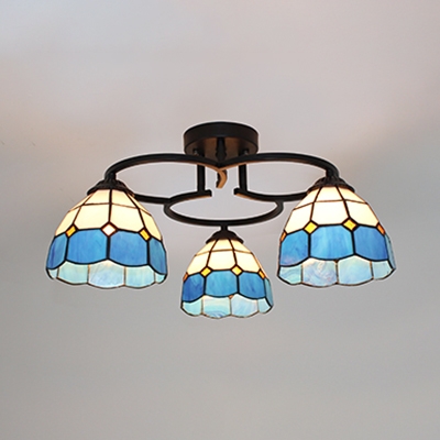 Art Glass Grid Bowl Ceiling Fixture 3/5/7 Heads Traditional Tiffany Flush Ceiling Light in Blue for Hotel