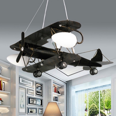 Child Bedroom Airplane Pendant Light Glass Metal Vintage Style Hanging Light with Mini Pulley