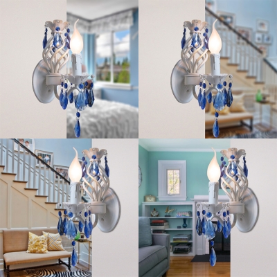 Classic Style Candle Wall Lamp with Blue Crystal 1/2 Heads Metal Sconce Light in White for Cafe