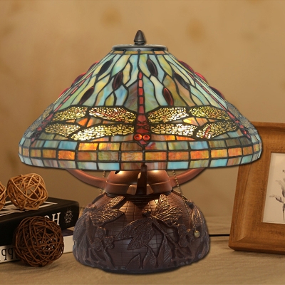 Creative Tiffany Night Light Dragonfly/Lotus Two Lights Stained Glass Table Light with Pull Chain for Hotel