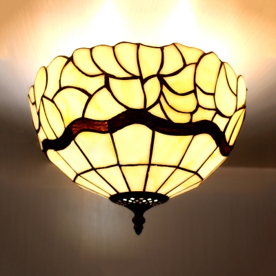 Domed Dining Room Flush Mount Light Art Glass Antique Tiffany Ceiling Lamp in Beige