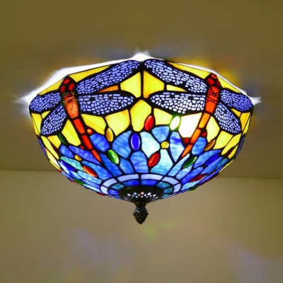 Dragonfly Child Bedroom Ceiling Mount Light Stained Glass Tiffany Rustic Flush Light in Blue/Orange