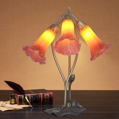 Glass Morning Glory Table Light Study Room 3 Heads Creative Pretty Table Lamp in Pink