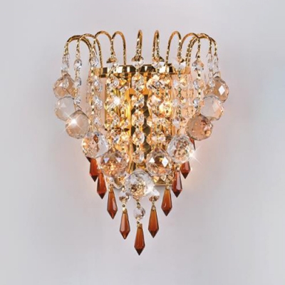 Gold Candle Sconce Light with Clear Crystal 2 Heads Luxurious Metal LED Wall Lamp for Bedroom