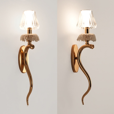 Gold Curved Arm Wall Light 1 Head Contemporary Metal Wall Sconce with Crystal Tapered Shade for Hotel