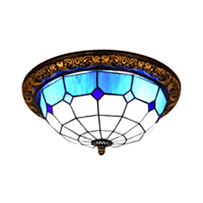 Grid Bowl Balcony Ceiling Fixture Art Glass Three Bulbs Tiffany Traditional Flushmount Light