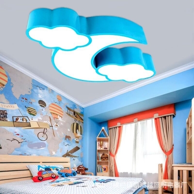 Kindergarten Crescent Cloud Flush Ceiling Light Acrylic Kids Stepless Dimming/Warm/White LED Ceiling Lamp in Blue/Pink/White