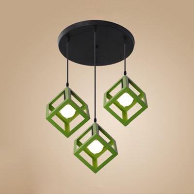 Metal Cube Cage Pendant Light Restaurant Three Lights Retro Loft Pendant Lamp in Blue/Green/Red/Yellow