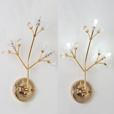 Modern Stylish Gold Wall Light Flower 3 Heads Metal Sconce Light with Striking Crystal for Bedroom