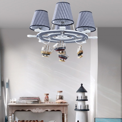 Nautical Style Rudder Chandelier with Plaid Shade Fabric 4 Lights Blue Pendant Light for Boys Bedroom