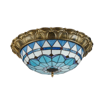 Restaurant Bowl Shade Flush Mount Light Art Glass Vintage Tiffany Ceiling Light in Beige/Blue