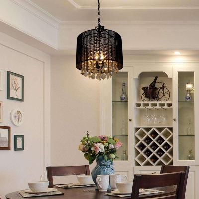 Traditional Style Drum Chandelier Wrought Iron Black Pendant Lamp with Crystal Deco for Hotel