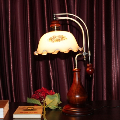 Vintage Stylish White Table Light Flower Shade 1 Light Milk Glass Wood Table Lamp for Office