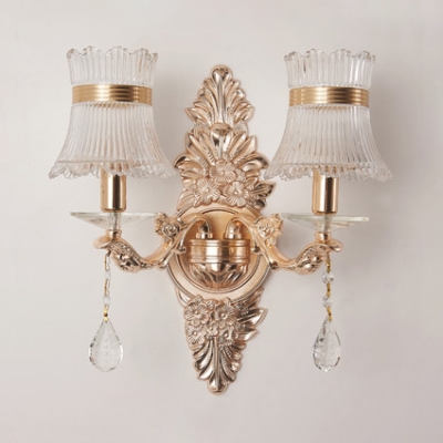 1/2 Lights Curved Shade Wall Light with Clear Crystal Elegant Metal Sconce Light in Gold for Bedroom