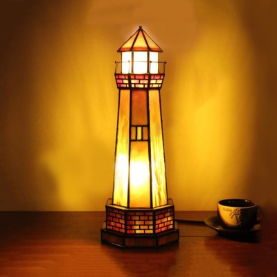 Tiffany Creative Lighthouse Table Light with Plug-In Cord Stained Glass Night Light for Baby Bedroom