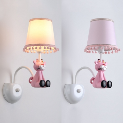 Fabric Tapered Shade Sconce Light with Toy Tiger Nursing Room 1 Light Cartoon Wall Lamp in Pink