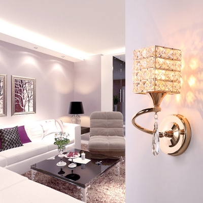 Clear Crystal Cylinder/Rectangle Wall Light Dining Room 1 Light Luxurious Sconce Light in Gold