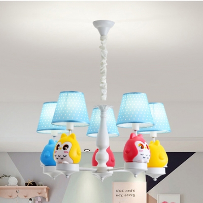 Cute Fat Owl Chandelier Five Lights Metal Suspension Light with Blue Shade for Nursing Room
