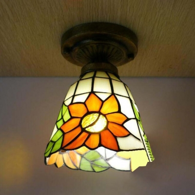 Foyer Bedroom Bell Flush Mount Light with Sunflower Stained Glass 1 Bulb Ceiling Fixture