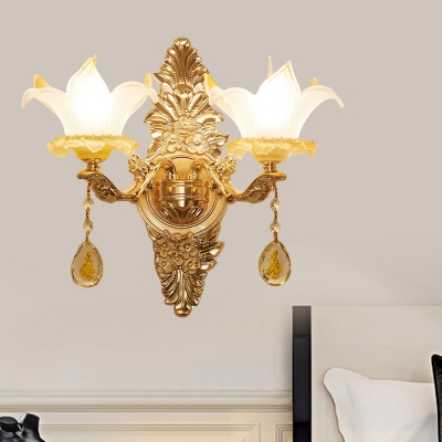Glass Flower Wall Light with Teardrop Crystal Bathroom 1/2 Heads Elegant Wall Lamp in Gold