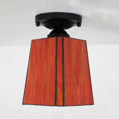 Glass Trapezoid Ceiling Lamp 1 Bulb American Rustic Flush Ceiling Light in Beige/Orange/White for Study Room