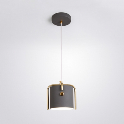 Gray/Green/White Drum Shade Pendant Lamp Nordic Metal 1 Head Hanging Light in Gold Finish