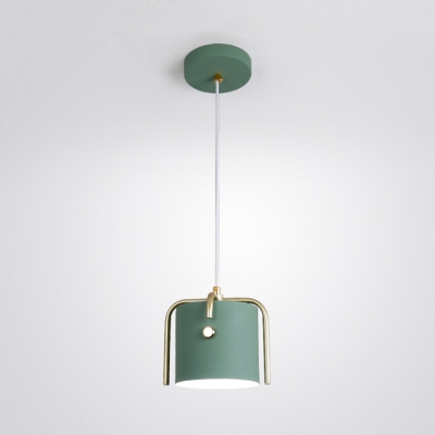 Gray/Green/White Drum Shade Pendant Lamp Nordic Metal 1 Head Hanging Light in Gold Finish